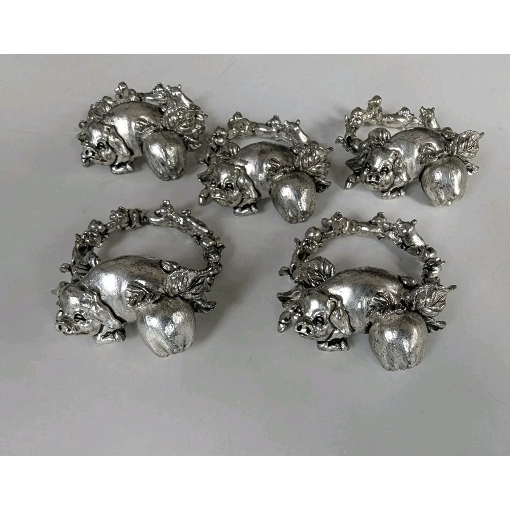 Vintage Arthur Court Pig & Piglet Napkin Ring Holders Set of 5 NOS 1996